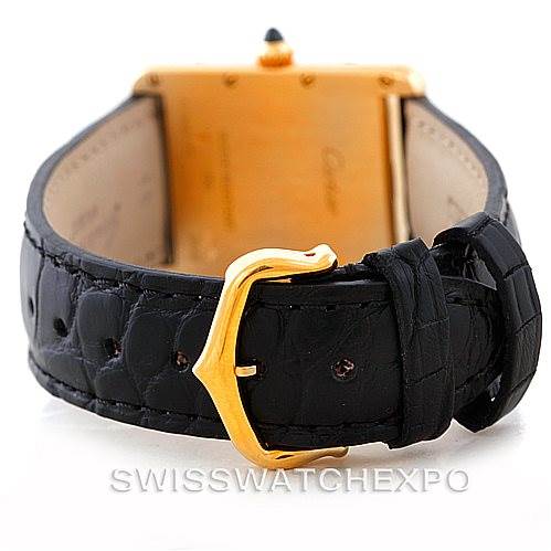 The image shows the back angle of the Cartier Tank Louis W1529756 Men's Yellow Gold Silver Dial W1529756 Men's Yellow Gold Silver Dial model watch, highlighting the black leather strap and gold buckle.