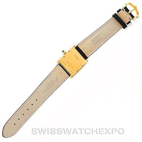 This is a rear view of the Tank Louis watch by Cartier, showing its strap, buckle, and case back.