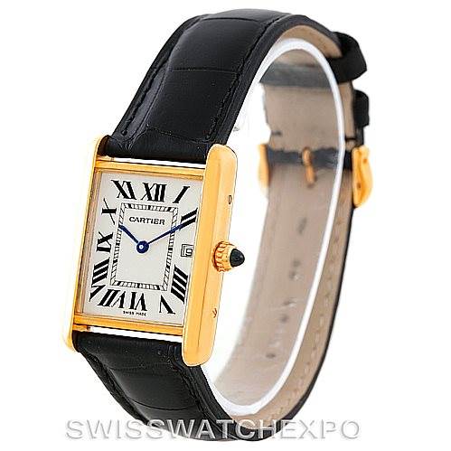 The image shows a side angle of the Cartier Tank Louis W1529756 Men's Yellow Gold Silver Dial W1529756 Men's Yellow Gold Silver Dial watch, highlighting its black strap, rectangular face, and gold casing.
