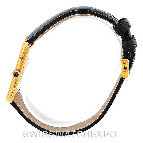 This image shows the side view of a Cartier Tank Louis W1529756 Men's Yellow Gold Silver Dial W1529756 Men's Yellow Gold Silver Dial watch, highlighting the crown and black leather strap.