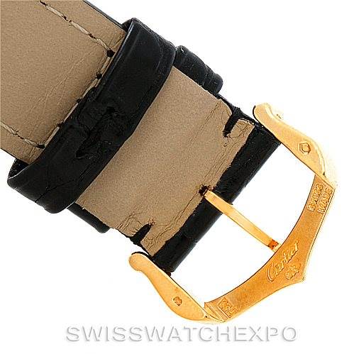 This image shows a close-up of the leather strap and gold buckle clasp of a Cartier Tank Louis W1529756 Men's Yellow Gold Silver Dial W1529756 Men's Yellow Gold Silver Dial model watch.