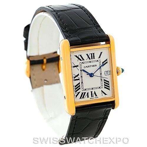 The image displays a Cartier Tank Louis W1529756 Men's Yellow Gold Silver Dial W1529756 Men's Yellow Gold Silver Dial watch from an angled top perspective, focusing on the face, Roman numerals, and leather strap.
