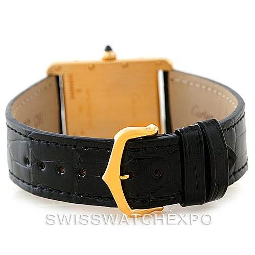 The image shows the rear view of the Cartier Tank Louis W1529756 Men's Yellow Gold Silver Dial W1529756 Men's Yellow Gold Silver Dial watch, highlighting the back case and black leather strap with a gold buckle.