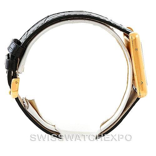 This image shows a side view of the Cartier Tank Louis W1529756 Men's Yellow Gold Silver Dial W1529756 Men's Yellow Gold Silver Dial watch, featuring the case and leather strap.