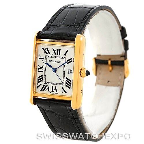 The image shows a Tank Louis watch by Cartier from an angled view, highlighting the watch face, leather strap, and gold casing.