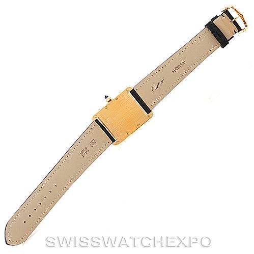 This image shows the back view of the Cartier Tank Louis W1529756 Men's Yellow Gold Silver Dial W1529756 Men's Yellow Gold Silver Dial watch laying flat, displaying the strap, buckle, and case back.