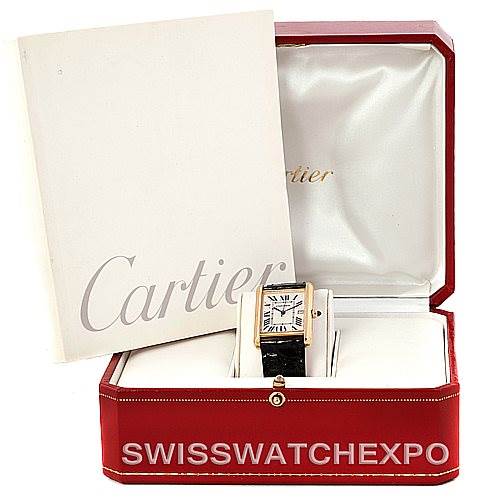 The image shows the Cartier Tank Louis W1529756 Men's Yellow Gold Silver Dial W1529756 Men's Yellow Gold Silver Dial watch, displayed inside its red box, alongside a Cartier booklet.