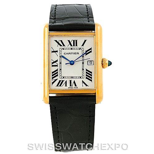 The Cartier Tank Louis W1529756 Men's Yellow Gold Silver Dial W1529756 Men's Yellow Gold Silver Dial watch is shown from a front view, highlighting the dial, case, crown, and leather strap.