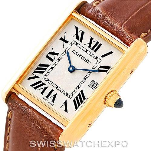 This image shows a Cartier Tank Louis W1529756 Men's Yellow Gold Silver Dial W1529756 Men's Yellow Gold Silver Dial watch at an angled view, highlighting its face, Roman numerals, and leather strap.
