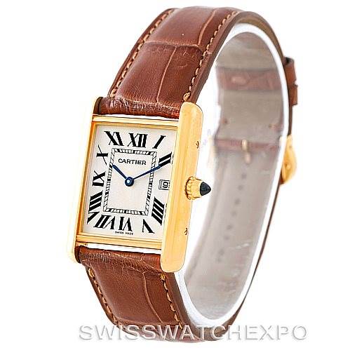 This image shows a Cartier Tank Louis W1529756 Men's Yellow Gold Silver Dial W1529756 Men's Yellow Gold Silver Dial model watch featuring a gold rectangular case, a white dial with Roman numerals, and a brown leather strap.