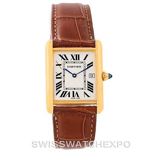 The image shows a front view of the Cartier Tank Louis W1529756 Men's Yellow Gold Silver Dial W1529756 Men's Yellow Gold Silver Dial watch, highlighting its face, case, and brown leather strap.