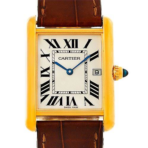 The image shows a frontal view of a Cartier Tank Louis W1529756 Men's Yellow Gold Silver Dial W1529756 Men's Yellow Gold Silver Dial watch, displaying the dial, hands, date window, and part of the leather strap.