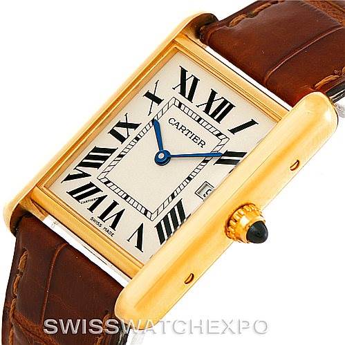 This image shows a close-up, angled view of the Cartier Tank Louis W1529756 Men's Yellow Gold Silver Dial W1529756 Men's Yellow Gold Silver Dial watch, highlighting the rectangular dial, gold casing, and brown leather strap.