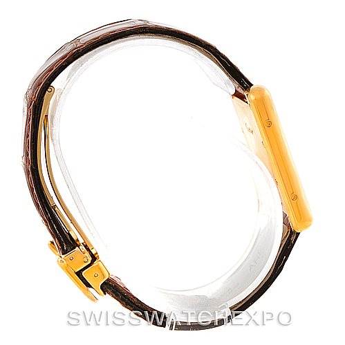 The image shows a side profile view of a Cartier Tank Louis W1529756 Men's Yellow Gold Silver Dial W1529756 Men's Yellow Gold Silver Dial watch, featuring the case and the leather strap with buckle.