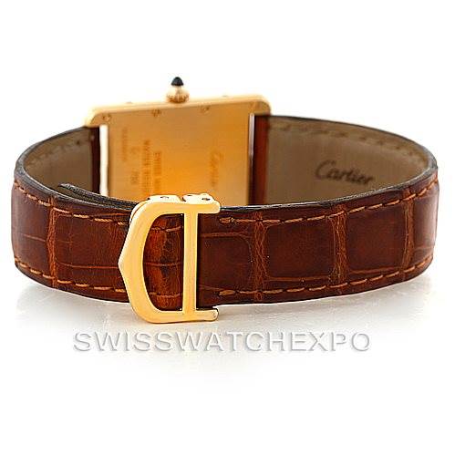 The image shows the back view of a Cartier Tank Louis W1529756 Men's Yellow Gold Silver Dial W1529756 Men's Yellow Gold Silver Dial watch, highlighting the leather strap and gold buckle.