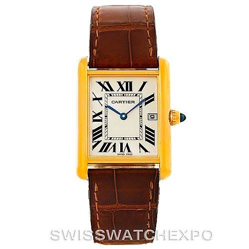This image shows a frontal view of the Cartier Tank Louis W1529756 Men's Yellow Gold Silver Dial W1529756 Men's Yellow Gold Silver Dial watch, featuring its rectangular face, Roman numerals, and leather strap.