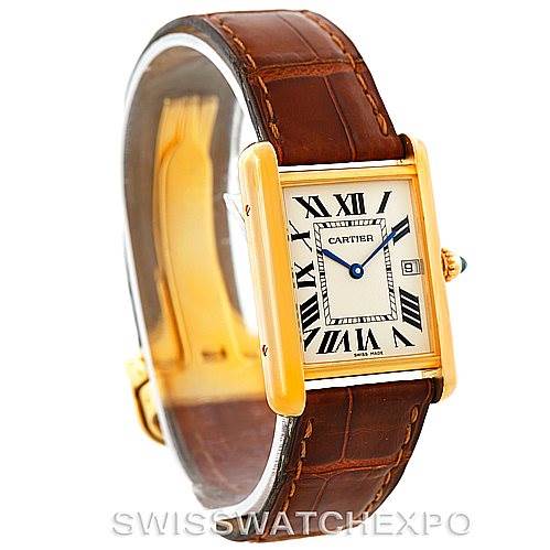 This image shows a Cartier Tank Louis W1529756 Men's Yellow Gold Silver Dial W1529756 Men's Yellow Gold Silver Dial watch at an angle emphasizing the dial, case, and brown leather strap.