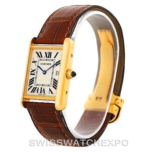 The Cartier Tank Louis W1529756 Men's Yellow Gold Silver Dial W1529756 Men's Yellow Gold Silver Dial watch is shown at a slight angle, highlighting its brown leather strap, rectangular dial, and gold casing.