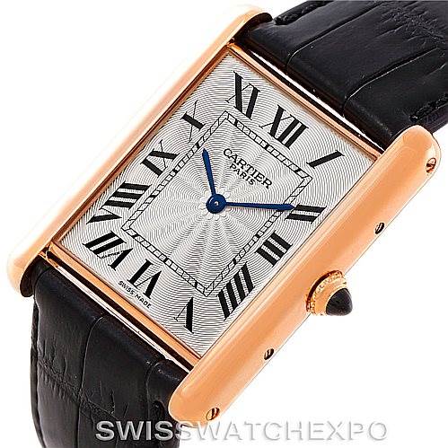 This image shows a close-up angle of the Cartier Tank Louis W1551451 Men's Rose Gold Silver Dial W1551451 Men's Rose Gold Silver Dial watch, highlighting its rectangular face, Roman numerals, and black leather strap.