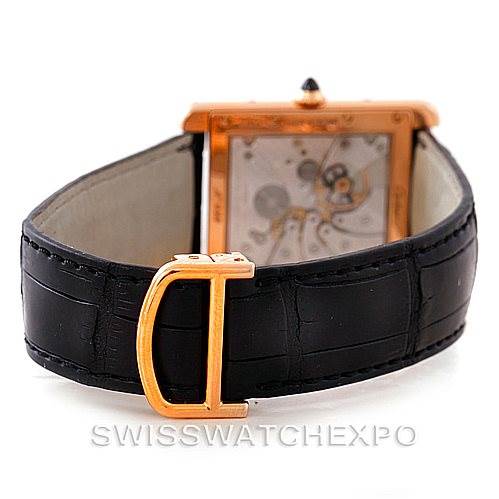 The image shows the rear angle of a Cartier Tank Louis W1551451 Men's Rose Gold Silver Dial W1551451 Men's Rose Gold Silver Dial watch, highlighting the strap and buckle, along with parts of the watch movement.