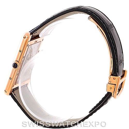 This image shows a side view of a Cartier Tank Louis W1551451 Men's Rose Gold Silver Dial W1551451 Men's Rose Gold Silver Dial watch, highlighting its strap, case side, and crown.