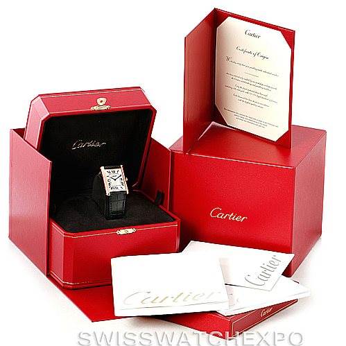 The image shows the Cartier Tank Louis W1551451 Men's Rose Gold Silver Dial W1551451 Men's Rose Gold Silver Dial watch along with its red presentation box, documentation, and certificates from an angled top view.
