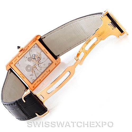 The image shows a Cartier Tank Louis W1551451 Men's Rose Gold Silver Dial W1551451 Men's Rose Gold Silver Dial model watch from a side angle, highlighting the open clasp and inner side of the band.