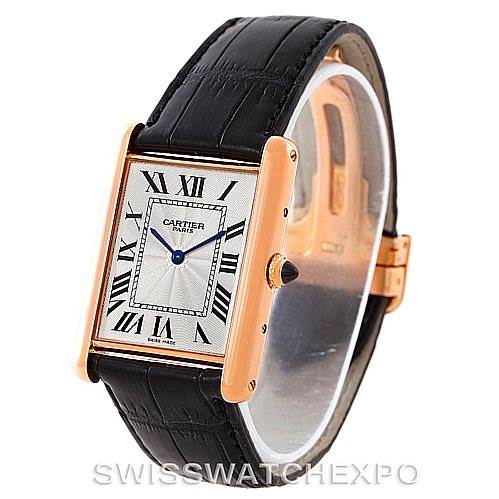 The image shows a Tank Louis model by Cartier from an angled side view, highlighting its rectangular dial, leather strap, and crown.