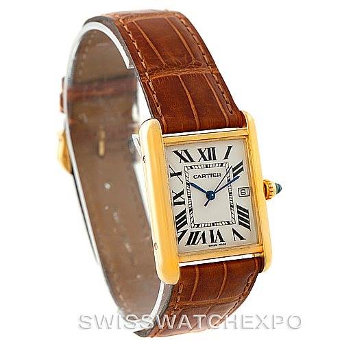 The Cartier Tank Louis W1529756 Men's Yellow Gold Silver Dial W1529756 Men's Yellow Gold Silver Dial watch is shown from a front right angle, highlighting its leather strap, rectangular case, and Roman numeral dial.