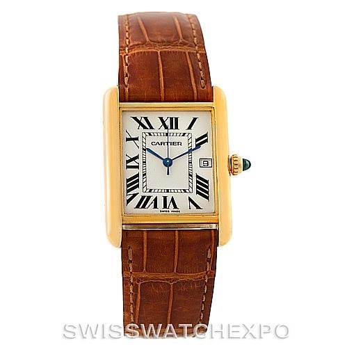 The image shows a Cartier Tank Louis W1529756 Men's Yellow Gold Silver Dial W1529756 Men's Yellow Gold Silver Dial watch from a front angle, displaying its rectangular face, Roman numeral dial, and leather strap.