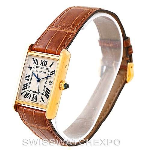 The image shows a side angle view of the Cartier Tank Louis W1529756 Men's Yellow Gold Silver Dial W1529756 Men's Yellow Gold Silver Dial watch, displaying the watch face, bezel, crown, and leather strap.