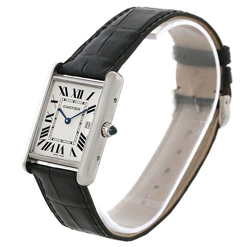 This image shows a Cartier Tank Louis W1540956 Men's White Gold White Dial W1540956 Men's White Gold White Dial watch from a slight side angle, displaying the face, strap, and side profile.