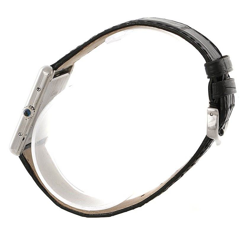 The image shows a side view of a Cartier Tank Louis W1540956 Men's White Gold White Dial W1540956 Men's White Gold White Dial watch, highlighting its black leather strap and the side of the case.