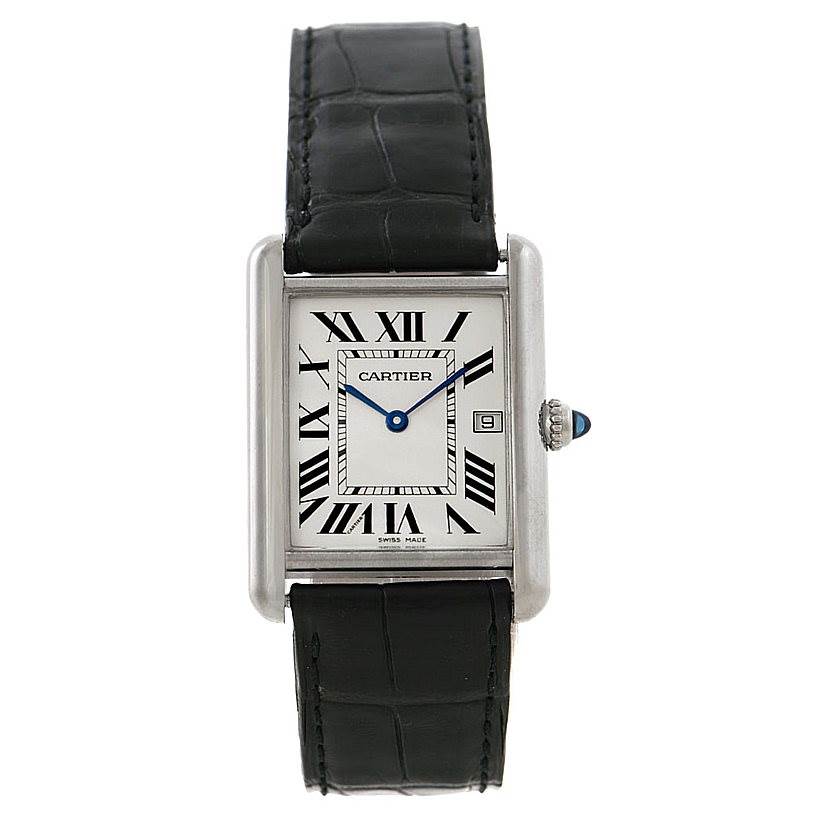 The Cartier Tank Louis W1540956 Men's White Gold White Dial W1540956 Men's White Gold White Dial watch is shown from a top-down angle, displaying the face, case, and leather strap.