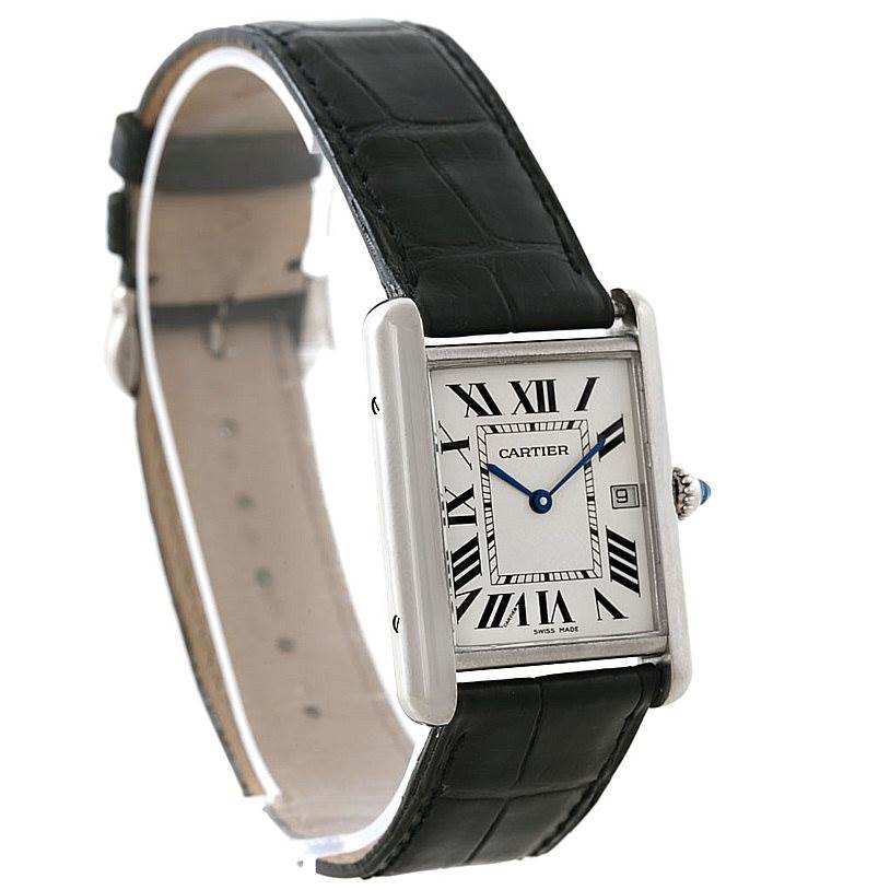 The Tank Louis Cartier watch is shown at an angle displaying the face, strap, and side profile.