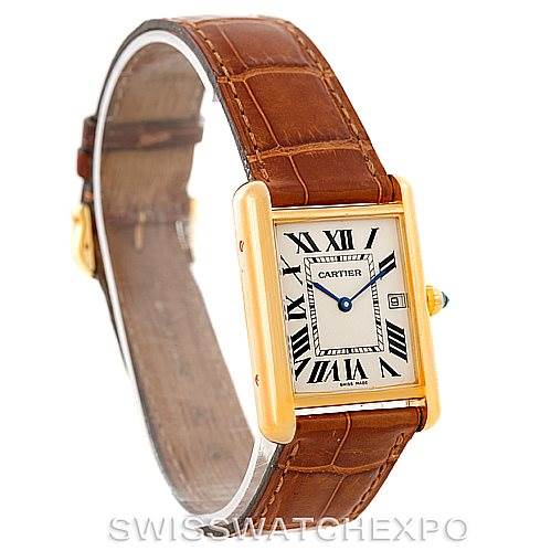 The image shows the front face and side profile of the Cartier Tank Louis W1529756 Men's Yellow Gold Silver Dial W1529756 Men's Yellow Gold Silver Dial model watch with a brown leather strap.