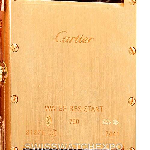 This image shows the back case of the Cartier Tank Louis W1529756 Men's Yellow Gold Silver Dial W1529756 Men's Yellow Gold Silver Dial watch, highlighting its engravings and water resistance markings.