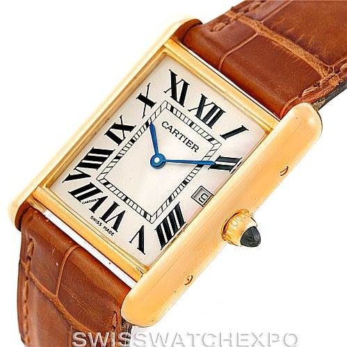 The image shows a Cartier Tank Louis W1529756 Men's Yellow Gold Silver Dial W1529756 Men's Yellow Gold Silver Dial watch from an oblique angle, highlighting the face, crown, and leather strap.