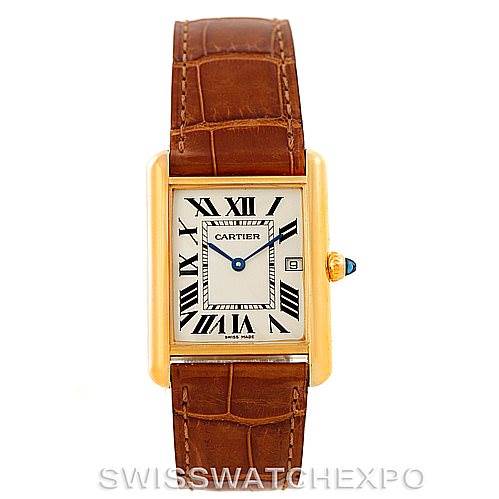 The image shows a front view of a Cartier Tank Louis W1529756 Men's Yellow Gold Silver Dial W1529756 Men's Yellow Gold Silver Dial watch with a brown leather strap and a rectangular gold case.