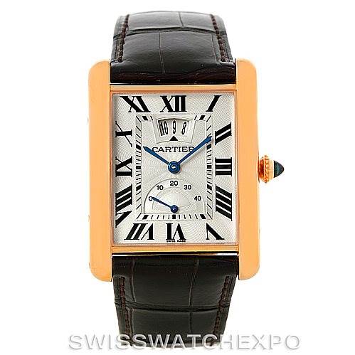 This image shows a front view of the Cartier Tank Louis W1560003 Men
s Rose Gold Silver Dial W1560003 Men
s Rose Gold Silver Dial watch, revealing its rectangular dial, Roman numerals, and leather strap.