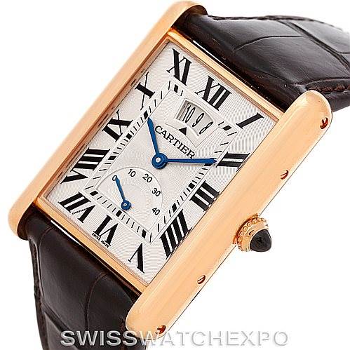 This image shows a close-up angle of the Cartier Tank Louis W1560003 Men
s Rose Gold Silver Dial W1560003 Men
s Rose Gold Silver Dial watch, highlighting the rectangular face, Roman numerals, and leather strap.