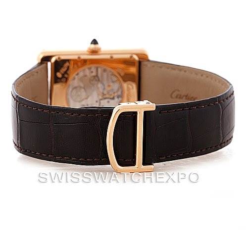The image shows the back angle of a Cartier Tank Louis W1560003 Men
s Rose Gold Silver Dial W1560003 Men
s Rose Gold Silver Dial watch, highlighting the leather strap and clasp.