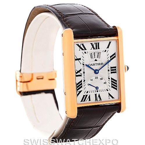 This image shows a Cartier Tank Louis W1560003 Men
s Rose Gold Silver Dial W1560003 Men
s Rose Gold Silver Dial watch from a front angle, highlighting the rectangular face, Roman numerals, and leather strap.