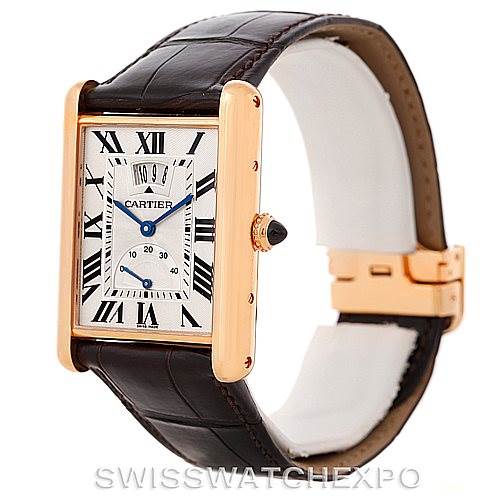 The image shows a Cartier Tank Louis W1560003 Men
s Rose Gold Silver Dial W1560003 Men
s Rose Gold Silver Dial watch at a slight angle, highlighting its rectangular face, Roman numerals, and black leather strap.