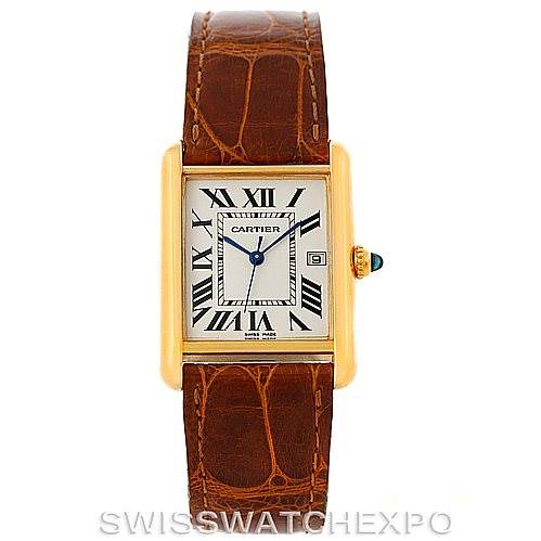 The image shows a front view of a Cartier Tank Louis W1529756 Men's Yellow Gold Silver Dial W1529756 Men's Yellow Gold Silver Dial watch with a rectangular face and brown leather strap.
