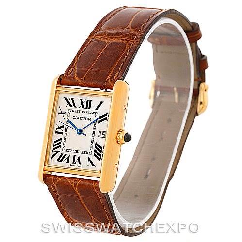 The image shows a Cartier Tank Louis W1529756 Men's Yellow Gold Silver Dial W1529756 Men's Yellow Gold Silver Dial watch at an angled view, highlighting its rectangular face, leather strap, and golden casing.
