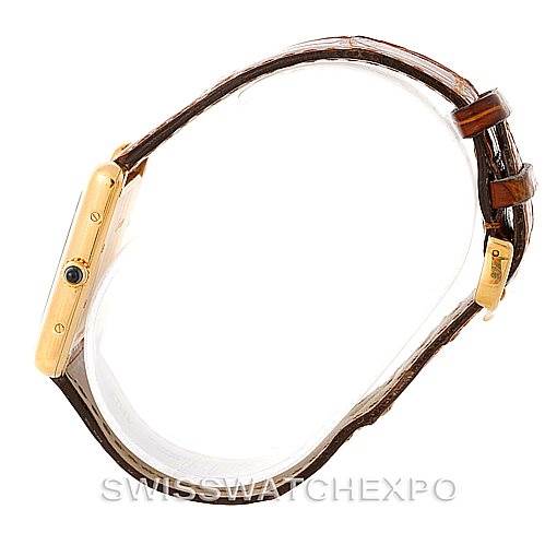 The image shows a side profile of the Cartier Tank Louis W1529756 Men's Yellow Gold Silver Dial W1529756 Men's Yellow Gold Silver Dial model watch, featuring its gold case and brown leather strap.