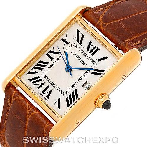 The image shows a top-down view of a Cartier Tank Louis W1529756 Men's Yellow Gold Silver Dial W1529756 Men's Yellow Gold Silver Dial watch, highlighting its dial, roman numerals, blued hands, and leather strap.