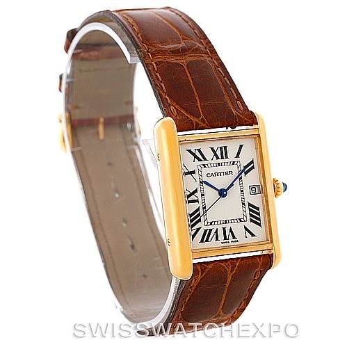 The image shows a Cartier Tank Louis W1529756 Men's Yellow Gold Silver Dial W1529756 Men's Yellow Gold Silver Dial watch angled to display its face, strap, and side view of the casing.
