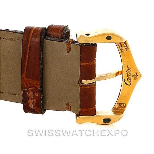 The image shows a close-up of the leather strap and gold buckle of a Cartier Tank Louis W1529756 Men's Yellow Gold Silver Dial W1529756 Men's Yellow Gold Silver Dial watch from the side angle.